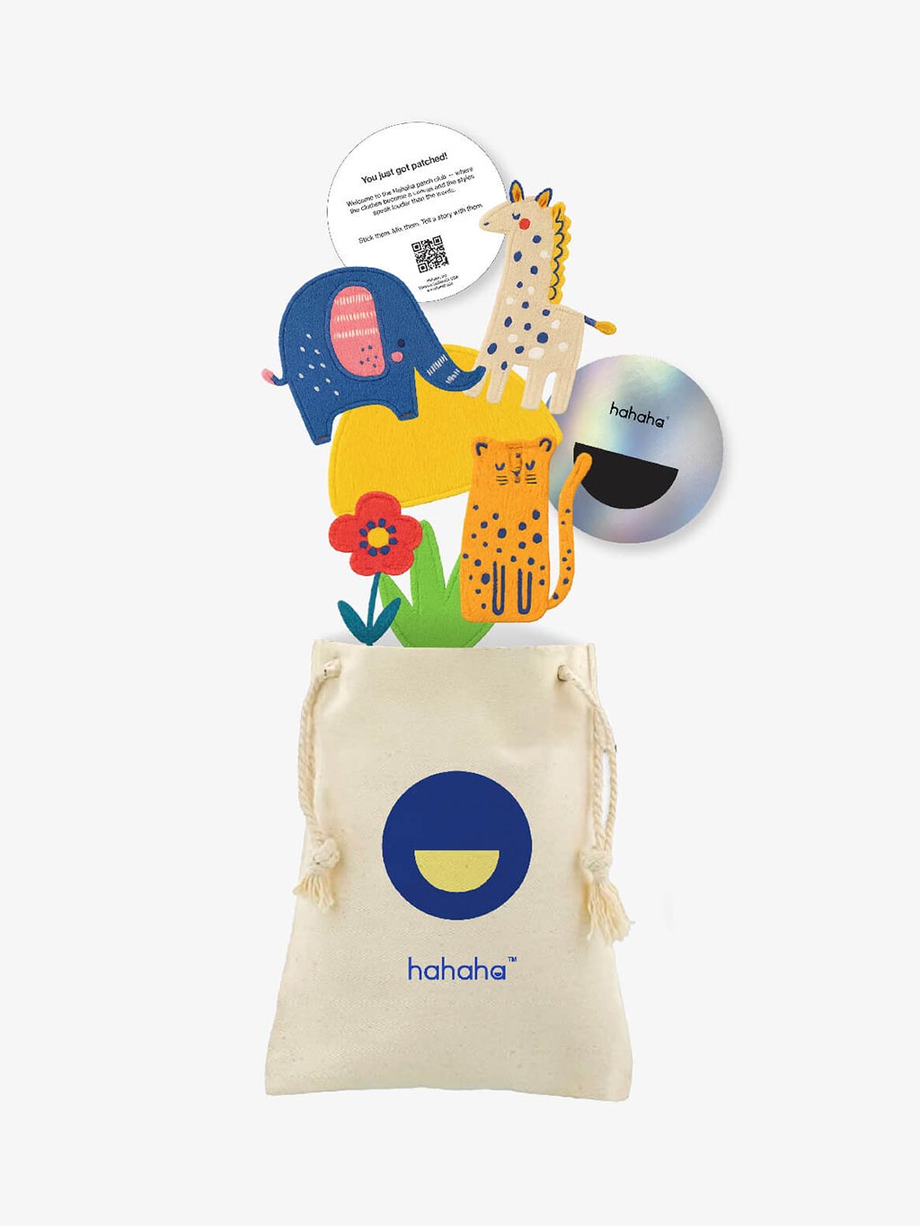 Safari Snuggles patch set with a reusable Hahaha drawstring bag