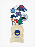 Snowy Winter collectible patch set in Hahaha branded drawstring bag for kids hoodie customization
