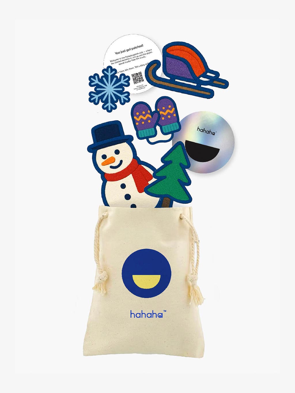 Snowy Winter patch set with a reusable Hahaha drawstring bag