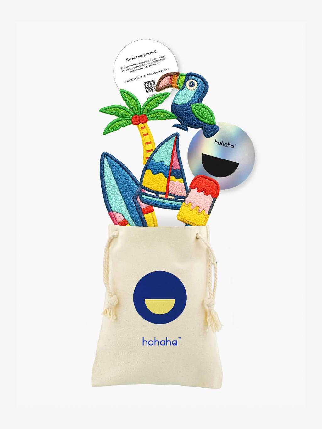 Summer Vibes patch set with a reusable Hahaha drawstring bag