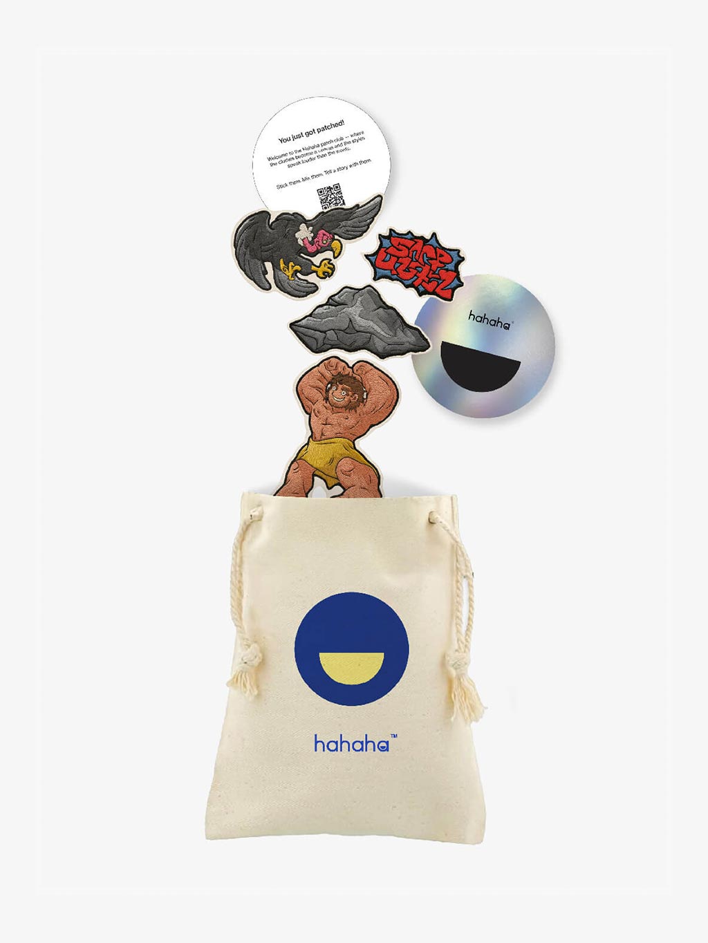 Tork Angegh patch set with a reusable Hahaha drawstring bag
