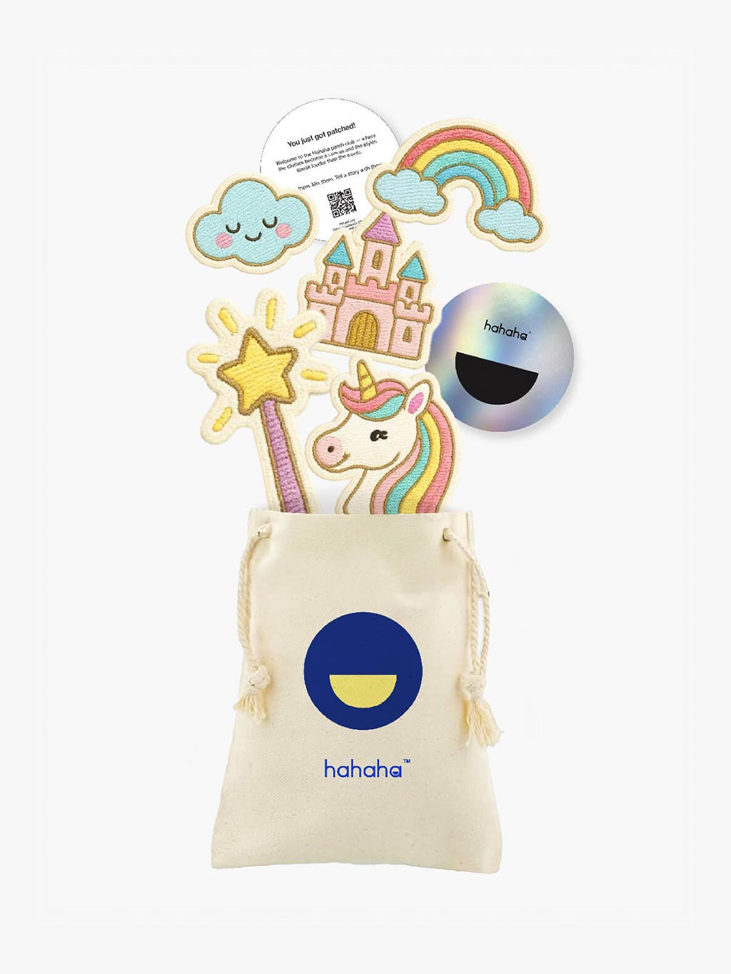 Unicorn Dreams embroidered patch set for kids with reusable Hahaha drawstring bag