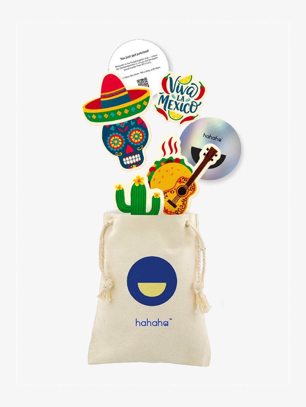 Viva México patch set with a reusable Hahaha drawstring bag