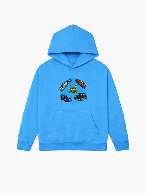 Blue organic cotton kids hoodie with embroidered sports car and race car patches on a round front panel