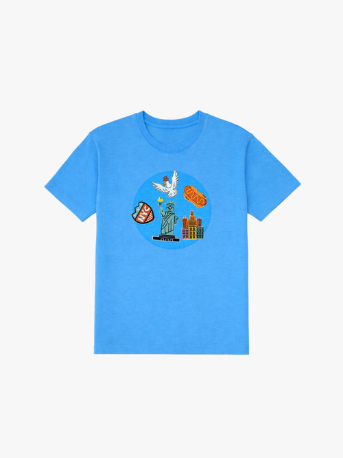 Blue organic cotton kids T-shirt with New York embroidered patches: Statue of Liberty, eagle, hot dog, city skyline