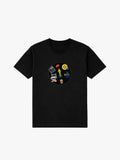 Black organic cotton kids T-shirt with movie-themed embroidered patches: clapperboard, director chair, film reel, popcorn