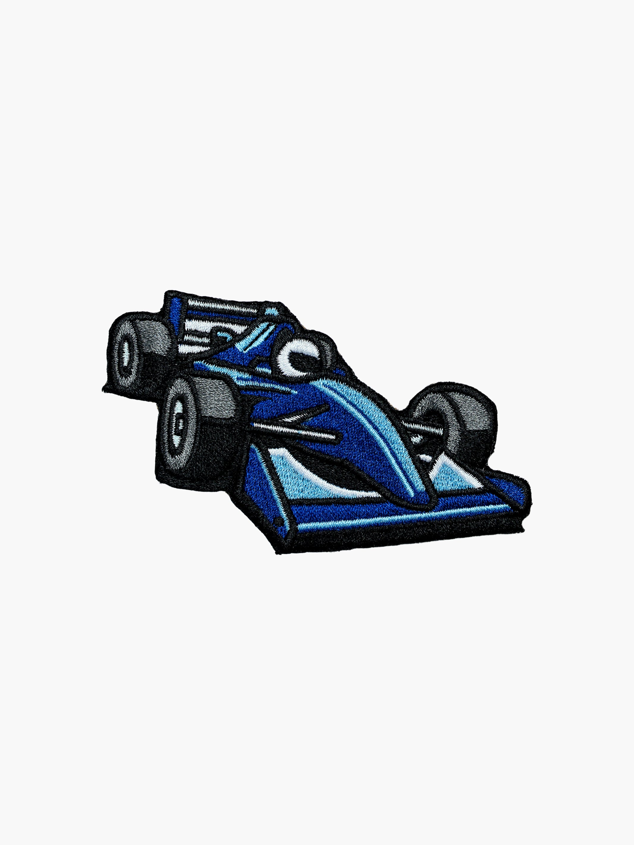 Embroidered Blue F1 Race Car patch with hook-and-loop backing