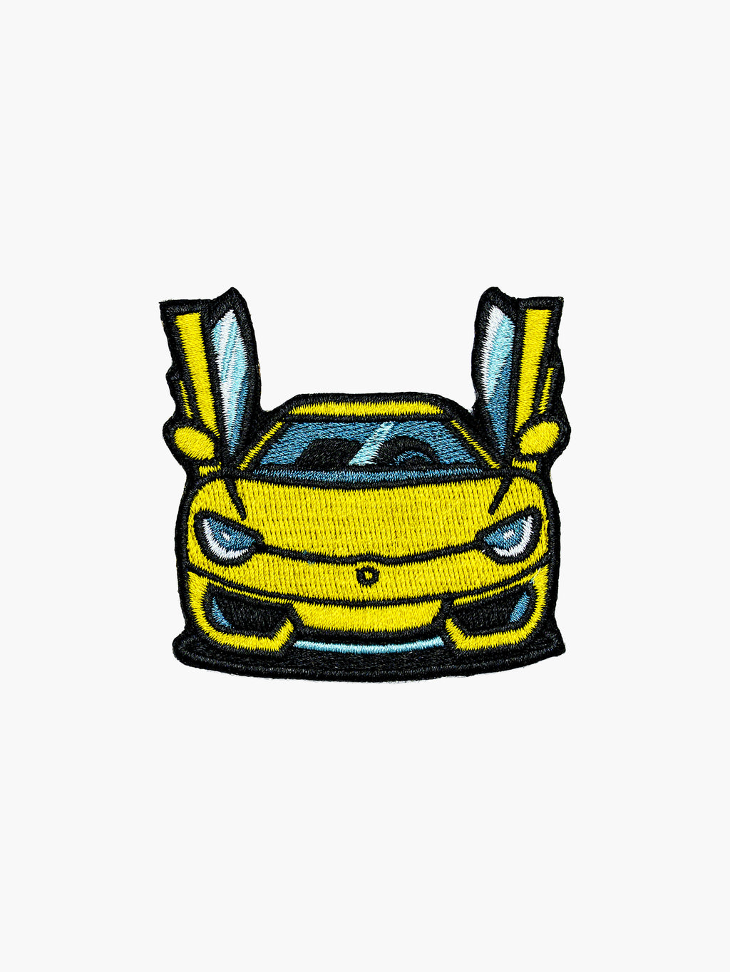 Embroidered Yellow Supercar patch with hook-and-loop backing