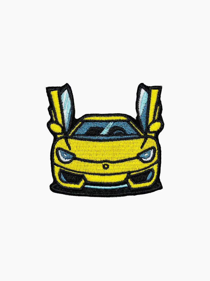 Embroidered Yellow Supercar patch with hook-and-loop backing