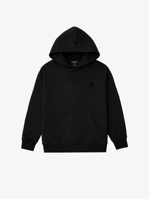 Black GOTS organic cotton kids hoodie, flat front view on ghost mannequin