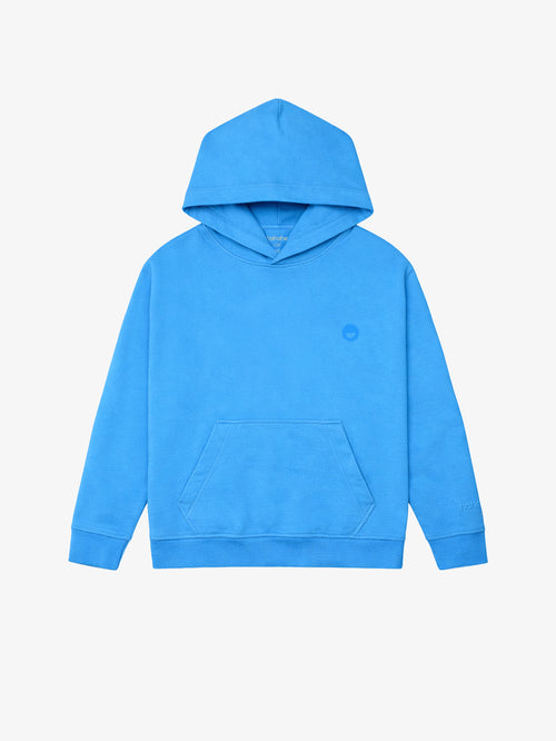 Blue GOTS organic cotton kids hoodie, flat front view on ghost mannequin