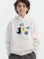 Off White Hahaha organic cotton kids hoodie side view with hood up, made in California