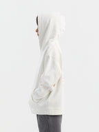Off White Hahaha organic cotton kids hoodie side view with hood up, made in California