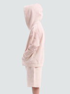 Dirty Pink Hahaha organic cotton kids hoodie side view with hood up, made in California