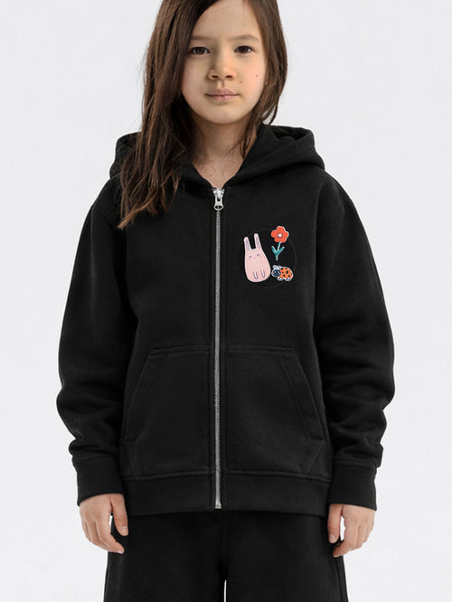 Black Hahaha organic cotton kids zip-up jacket side view with zipper detail