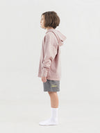 Dirty Pink Hahaha organic cotton kids hoodie side view with hood up, made in California