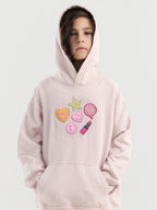 Close-up Hahaha embroidery on organic cotton kids hoodie cuff, handmade in Los Angeles
