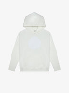 Off White GOTS organic cotton kids hoodie with swappable circular patch zone, flat front view on ghost mannequin