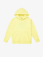 Light Yellow GOTS organic cotton kids hoodie with swappable circular patch zone, flat front view on ghost mannequin