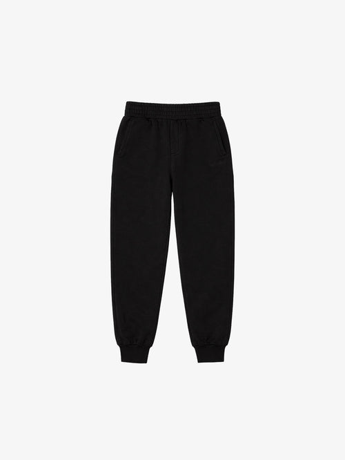 Black GOTS organic cotton kids jogger pants, flat front view on ghost mannequin