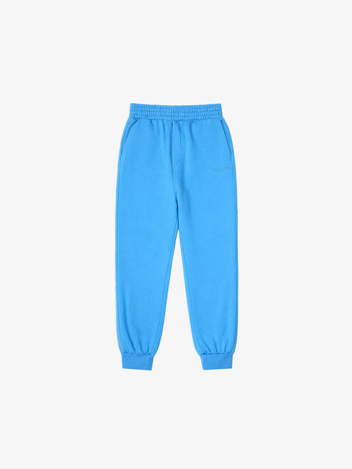 Blue GOTS organic cotton kids jogger pants, flat front view on ghost mannequin
