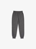 Stone Grey GOTS organic cotton kids jogger pants, flat front view on ghost mannequin