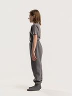 Stone Grey Hahaha organic cotton kids jogger pants side view, made in California
