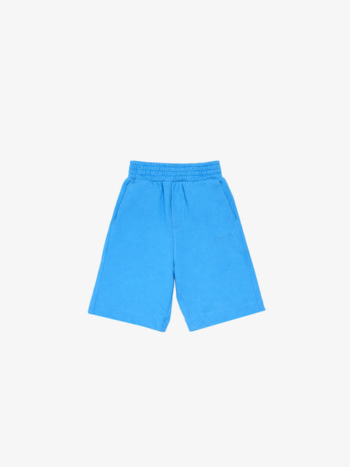 Blue GOTS organic cotton kids shorts, flat front view on ghost mannequin