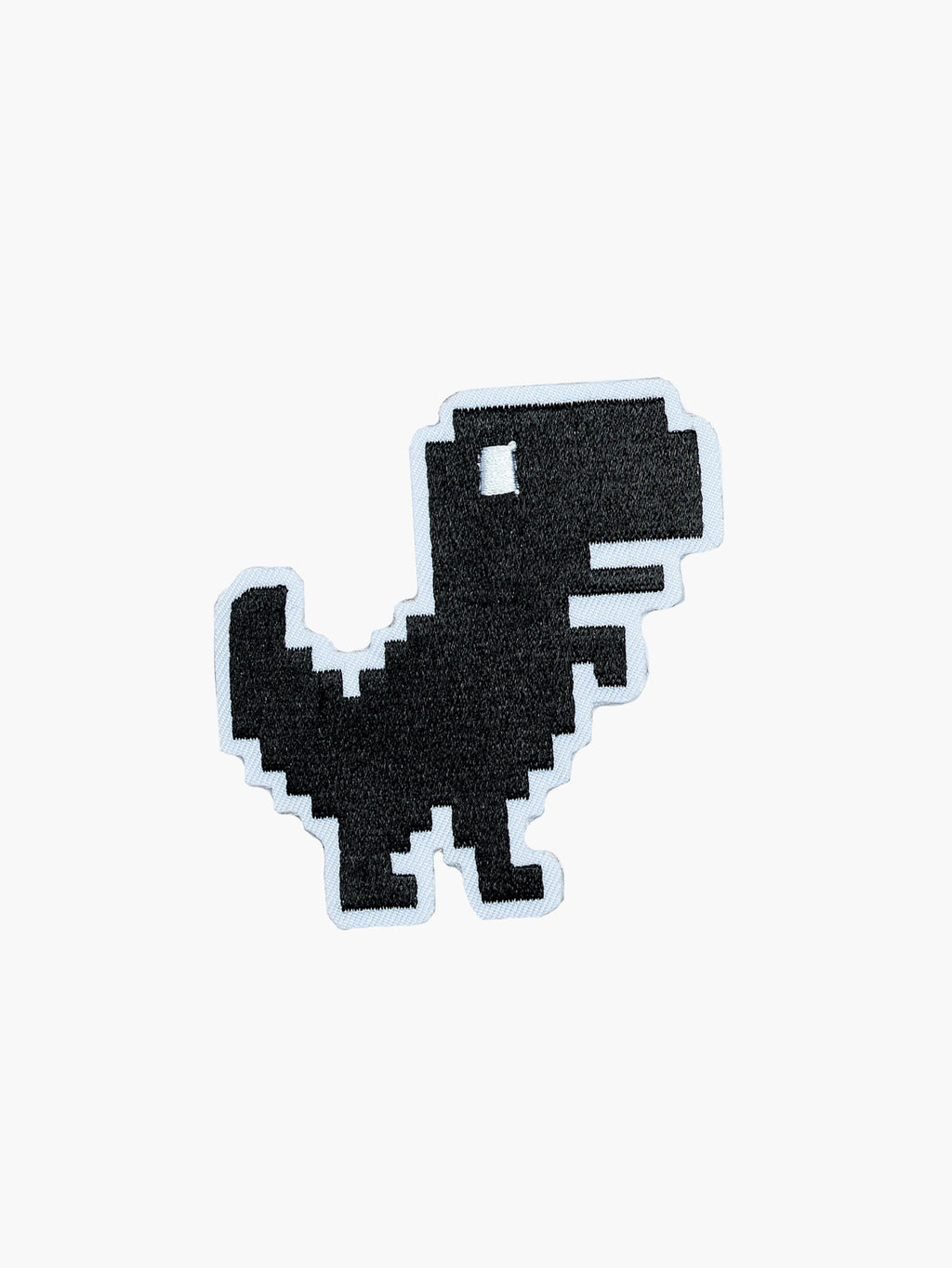 Embroidered Black Pixel T-Rex patch with hook-and-loop backing