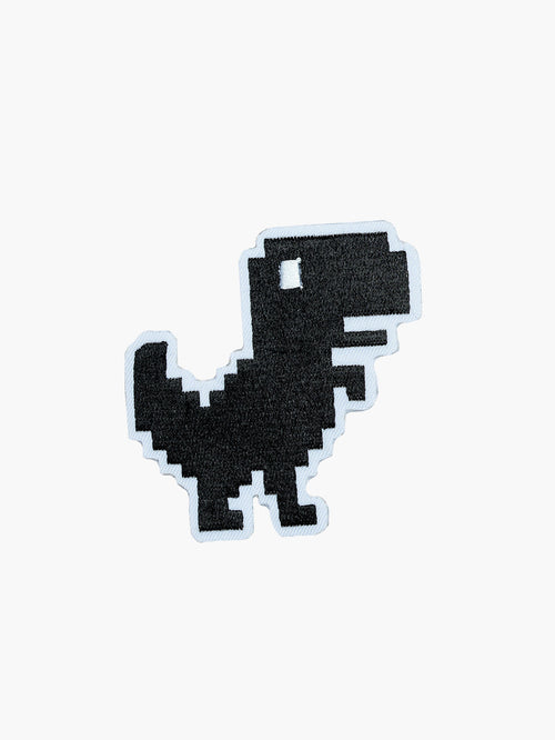 Embroidered Black Pixel T-Rex patch with hook-and-loop backing