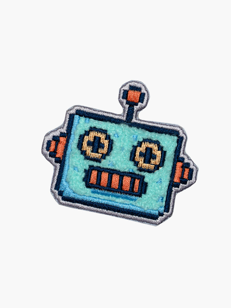 Embroidered Robot Head patch with hook-and-loop backing